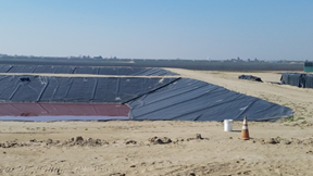Covered landfill with dirt and construction cone.